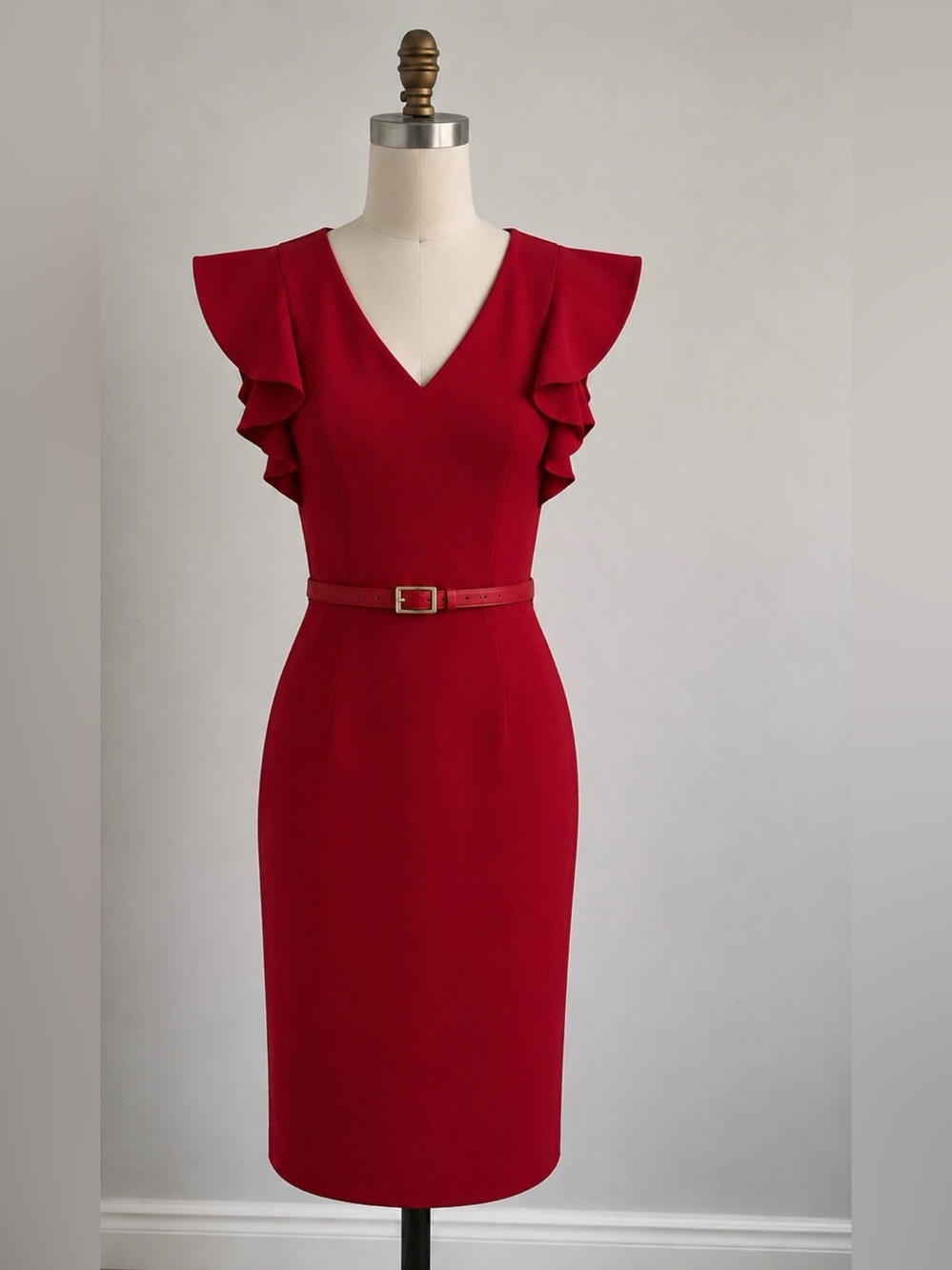 Tahari Arthur S Levine Red Ruffle-Sleeve Midi Dress with Side Tie Detail